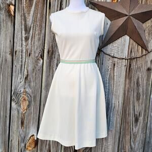 VTG Fit Flare Dress Off White Double Knit Sleeveless Pastel Stripe Vintage 70s